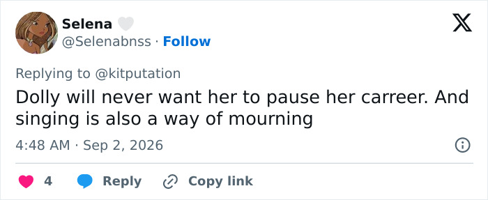 A tweet discussing Dolly Parton's passing and Miley Cyrus' career.