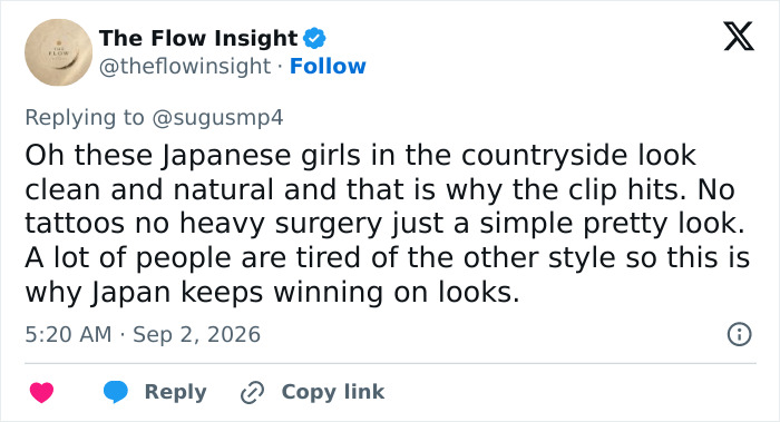 Screenshot of a tweet discussing Japanese women enjoying the countryside and Western beauty standards debate. Screenshot of a tweet discussing Japanese women enjoying the countryside and Western beauty standards debate.