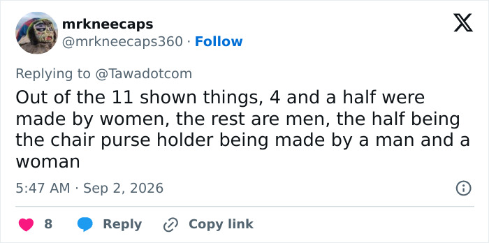 A detailed social media comment explaining the breakdown of gadgets designed by women versus men. A detailed social media comment explaining the breakdown of gadgets designed by women versus men.