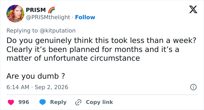 Screenshot of a tweet from PRISM responding to a comment about Miley Cyrus' announcement and Dolly Parton's passing.