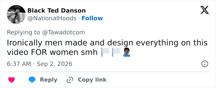 A social media comment from Black Ted Danson saying, Ironically men made and design everything on this video FOR women smh, discussing amazing gadgets. A social media comment from Black Ted Danson saying, Ironically men made and design everything on this video FOR women smh, discussing amazing gadgets.