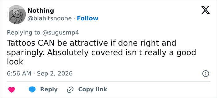 A tweet about tattoos and beauty standards, part of the debate on Japanese women and Western beauty. A tweet about tattoos and beauty standards, part of the debate on Japanese women and Western beauty.