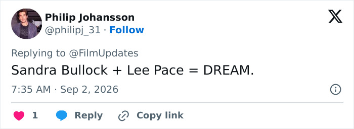 A tweet by Philip Johansson saying Sandra Bullock + Lee Pace = DREAM, hinting at iconic actresses' forever-young looks. A tweet by Philip Johansson saying Sandra Bullock + Lee Pace = DREAM, hinting at iconic actresses' forever-young looks.