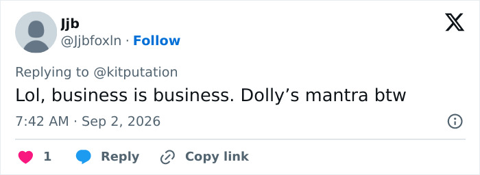 A tweet by Jjb commenting on Miley Cyrus's announcement, sparking fury after Dolly Parton's passing.