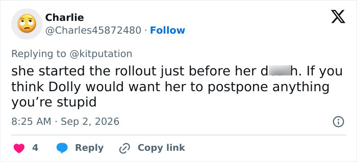 Tweet from Charlie saying Miley Cyrus started her announcement rollout before Dolly Parton's passing.