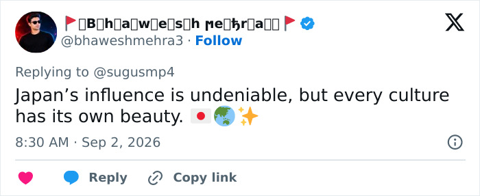 Tweet acknowledging Japan's influence and diverse beauty, referencing the Japanese women beauty standards debate. Tweet acknowledging Japan's influence and diverse beauty, referencing the Japanese women beauty standards debate.