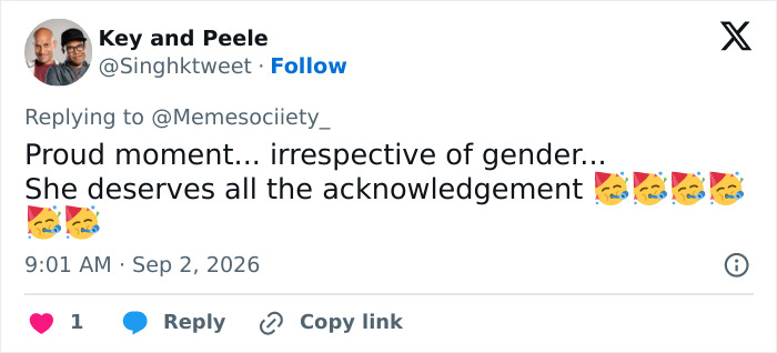 A tweet from Key and Peele celebrates the female weightlifting medalist, highlighting it as a proud moment. A tweet from Key and Peele celebrates the female weightlifting medalist, highlighting it as a proud moment.