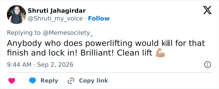 A social media post with a comment praising the female weightlifting medalist's powerlifting finish and clean lift. A social media post with a comment praising the female weightlifting medalist's powerlifting finish and clean lift.