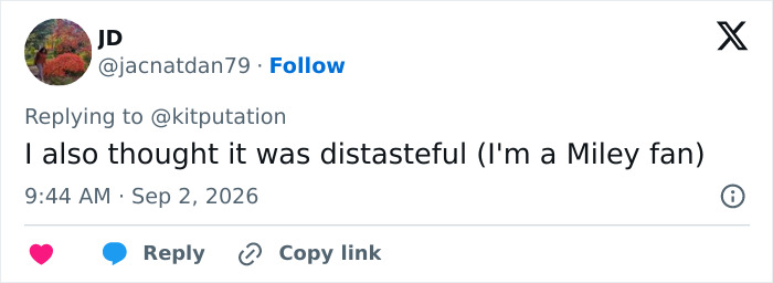 A social media post from a Miley fan finding the name change announcement distasteful, indicating a major setback. A social media post from a Miley fan finding the name change announcement distasteful, indicating a major setback.