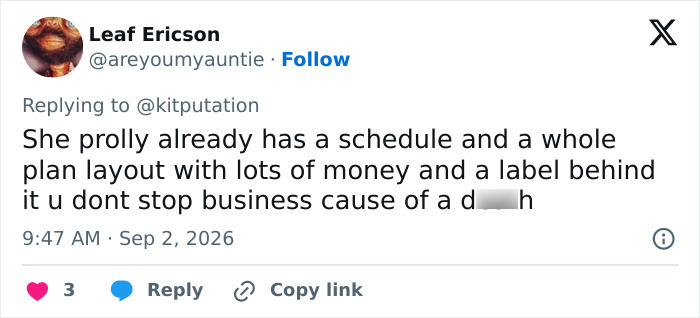 Screenshot of a tweet from Leaf Ericson supporting Miley Cyrus' announcement after Dolly Parton's passing.