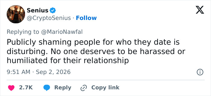 A social media post discusses publicly shaming people for who they date, calling it disturbing and harassment.