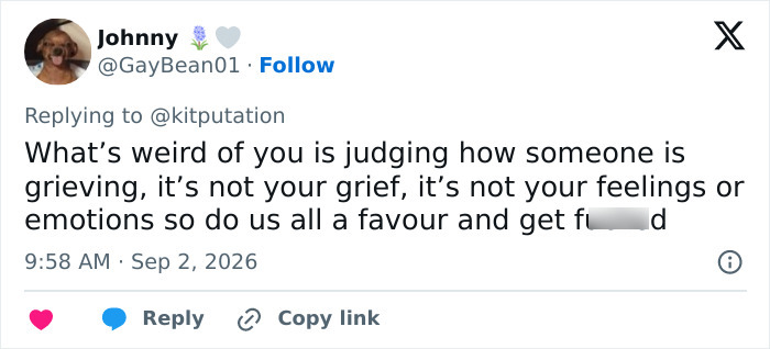 Tweet from Johnny criticizing judgment of Miley Cyrus's grief after Dolly Parton's passing.