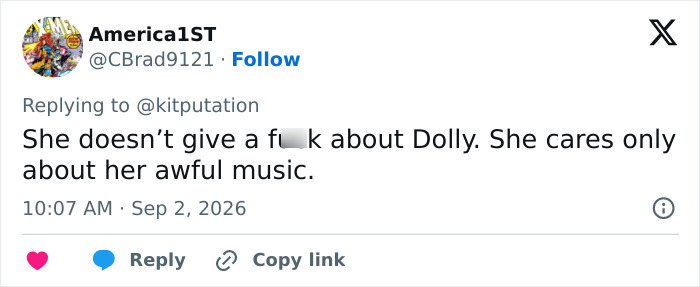 A social media post about Miley Cyrus's big announcement and name change sparking fury after Dolly Parton's passing