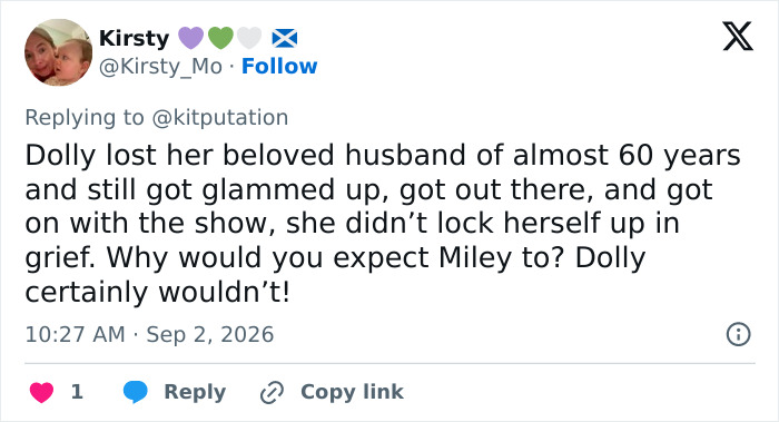 A tweet about Dolly Parton's passing and Miley Cyrus' announcement and name change.