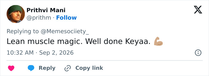 A social media post admiring female weightlifting medalist Keyaa's lean muscle and magic. A social media post admiring female weightlifting medalist Keyaa's lean muscle and magic.