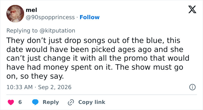 Tweet from mel arguing Miley Cyrus's announcement date was set long ago, with money spent on promotion.