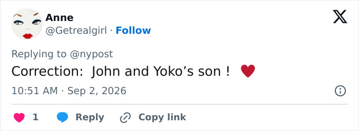 Twitter comment about John Lennon's grandson's arrival, correcting details about John and Yoko's son. Twitter comment about John Lennon's grandson's arrival, correcting details about John and Yoko's son.