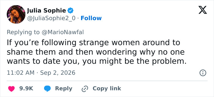 Tweet by Julia Sophie about the shaming trend, criticizing those who follow women for dating a foreigner.