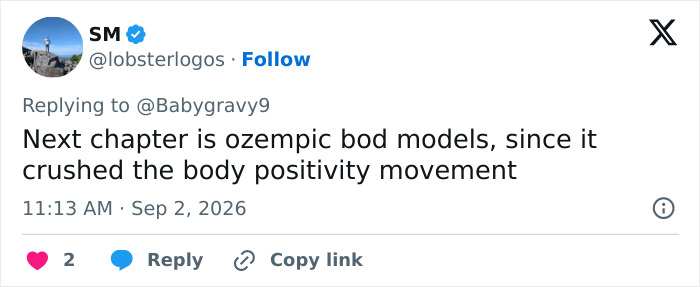 Tweet about Calvin Klein ad comparisons: Next chapter is Ozempic body models, crushing the body positivity movement. Tweet about Calvin Klein ad comparisons: Next chapter is Ozempic body models, crushing the body positivity movement.