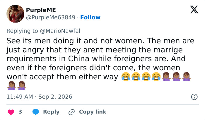 A social media post on the disturbing shaming trend of women dating a foreigner, highlighting men's anger.