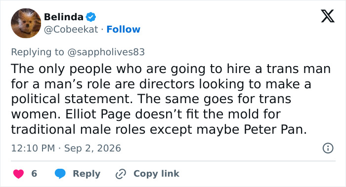 A social media post from Belinda discusses Hollywood's bleak reality regarding hiring a trans actor like Elliot Page. A social media post from Belinda discusses Hollywood's bleak reality regarding hiring a trans actor like Elliot Page.