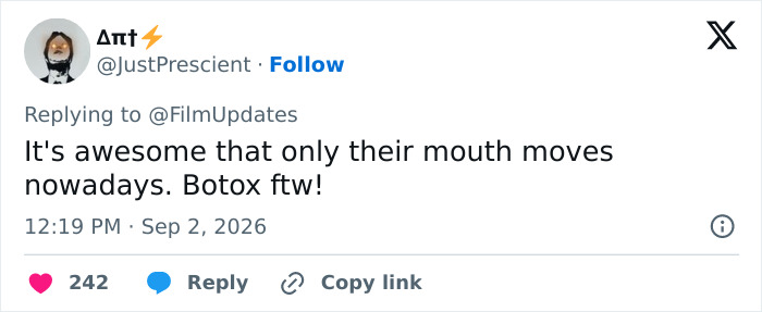Tweet by JustPrescient about iconic actresses' mouths being the only part that moves, referencing botox and forever-young looks. Tweet by JustPrescient about iconic actresses' mouths being the only part that moves, referencing botox and forever-young looks.