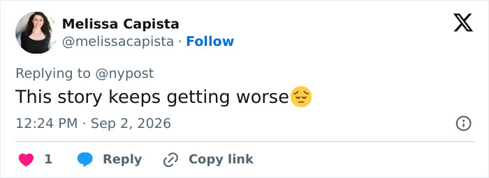 A tweet from Melissa Capista saying, This story keeps getting worse with a sad emoji, reacting to Saylor Hayes case details.