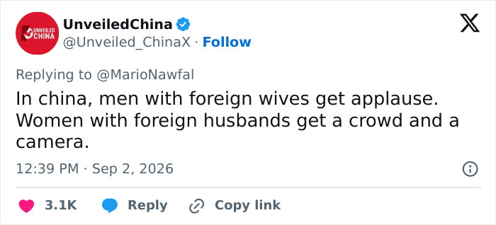 Tweet by UnveiledChina discussing the shaming trend for women dating a foreigner.