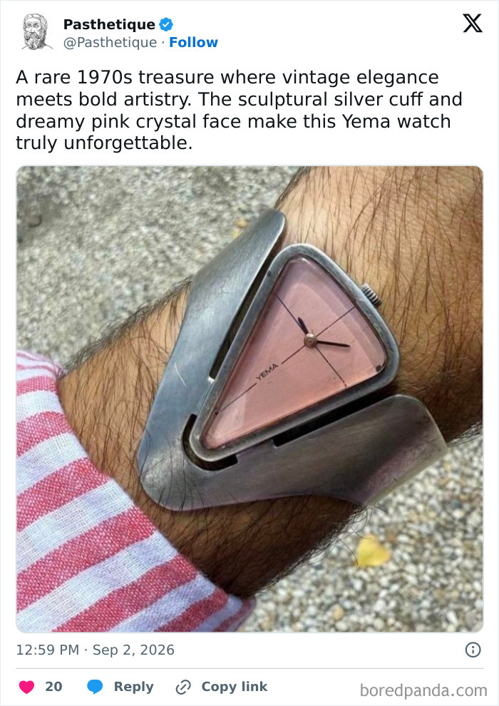 A rare 1970s Yema cuff watch, highlighting aesthetic art with its pink triangular face.