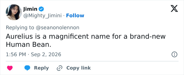 Screenshot of a social media comment praising the unusual name of John Lennon's grandson. Screenshot of a social media comment praising the unusual name of John Lennon's grandson.