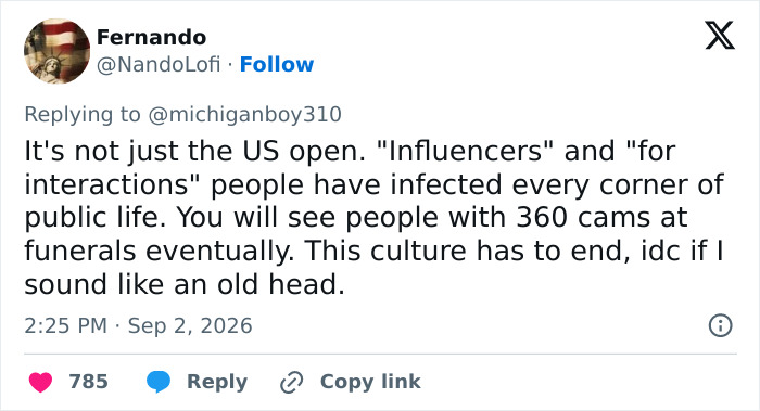 A tweet from Fernando about US Open influencers and the spread of influencer culture in public life. A tweet from Fernando about US Open influencers and the spread of influencer culture in public life.