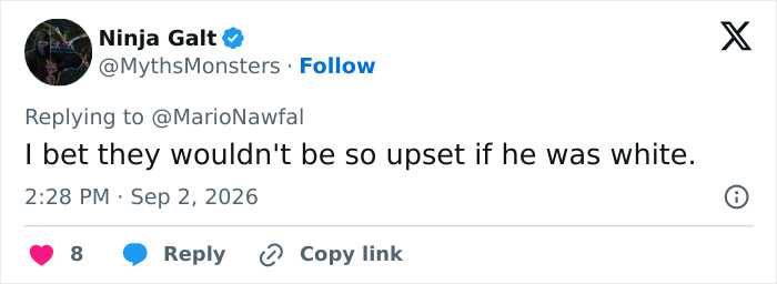 A social media post from Ninja Galt suggesting bias if a foreigner was white. This tweet comments on a shaming trend.