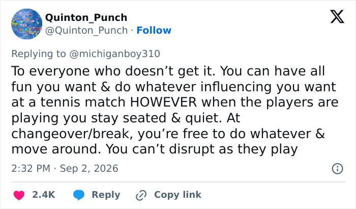 Tweet by Quinton_Punch explaining tennis etiquette, relevant to the US Open influencers' controversial actions. Tweet by Quinton_Punch explaining tennis etiquette, relevant to the US Open influencers' controversial actions.