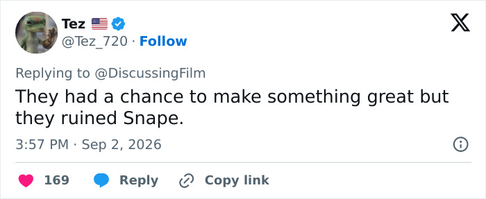 A tweet by Tez stating that the new Harry Potter discovery ruined Snape, sparking a Harry Potter backlash. A tweet by Tez stating that the new Harry Potter discovery ruined Snape, sparking a Harry Potter backlash.
