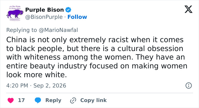 Tweet by Purple Bison on racism and the shaming trend for women dating a foreigner in China.