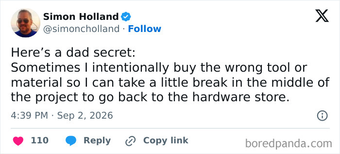 Social media post showing parents vented about a dad secret of buying the wrong tool to get a break.