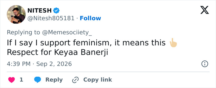 A social media post showing respect for female weightlifting medalist Keyaa Banerji, supporting feminism. A social media post showing respect for female weightlifting medalist Keyaa Banerji, supporting feminism.