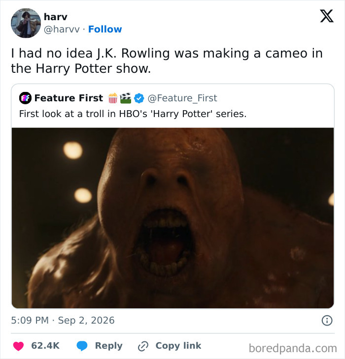 A tweet sharing a First look at a troll in HBOs Harry Potter series, with a comment about J.K. Rowling.