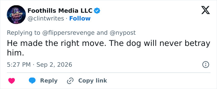 Twitter user Foothills Media LLC comments on Isla Fisher's dating 'ick' after divorce, defending a man and his dog.