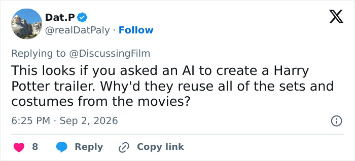 A tweet by Dat.P discussing the Harry Potter trailer and the reuse of sets and costumes, contributing to the Harry Potter backlash. A tweet by Dat.P discussing the Harry Potter trailer and the reuse of sets and costumes, contributing to the Harry Potter backlash.