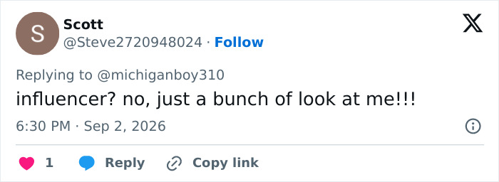 A tweet from Scott dismissing the term influencer, calling them a bunch of look at me, relating to US Open influencers. A tweet from Scott dismissing the term influencer, calling them a bunch of look at me, relating to US Open influencers.
