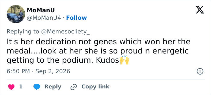 A tweet by MoManU applauds the female weightlifting medalist's dedication for winning her medal. A tweet by MoManU applauds the female weightlifting medalist's dedication for winning her medal.