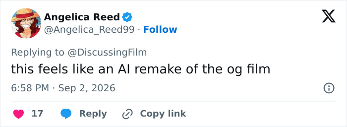 A tweet by Angelica Reed commenting that the new Harry Potter film feels like an AI remake. A tweet by Angelica Reed commenting that the new Harry Potter film feels like an AI remake.