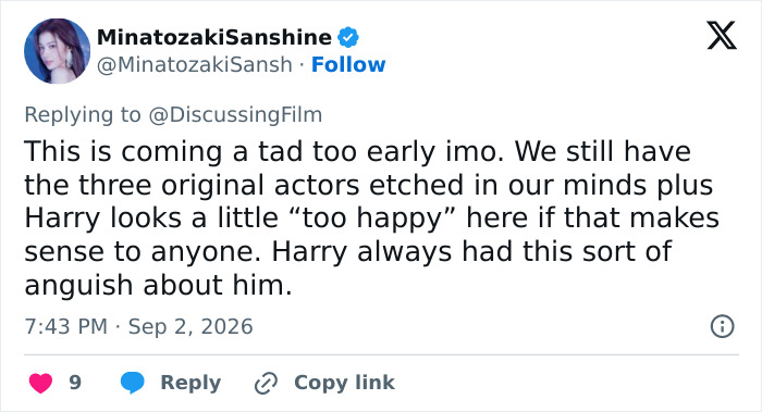 A tweet by MinatozakiSanshine saying the new Harry Potter discovery is too early and Harry looks too happy. A tweet by MinatozakiSanshine saying the new Harry Potter discovery is too early and Harry looks too happy.