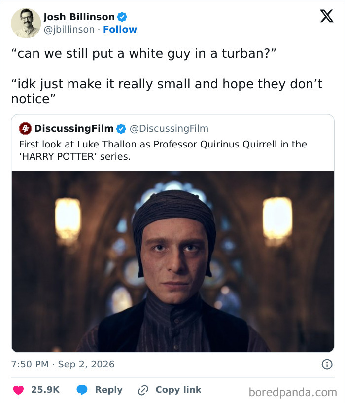 A social media post shows Professor Quirinus Quirrell, a character from the Harry Potter series, wearing a turban.