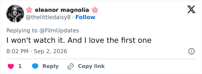 A social media post with a fan comment about iconic actresses: I won't watch it. And I love the first one. A social media post with a fan comment about iconic actresses: I won't watch it. And I love the first one.