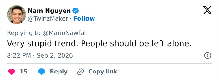 A tweet by Nam Nguyen criticizing the shaming trend surrounding dating a foreigner.