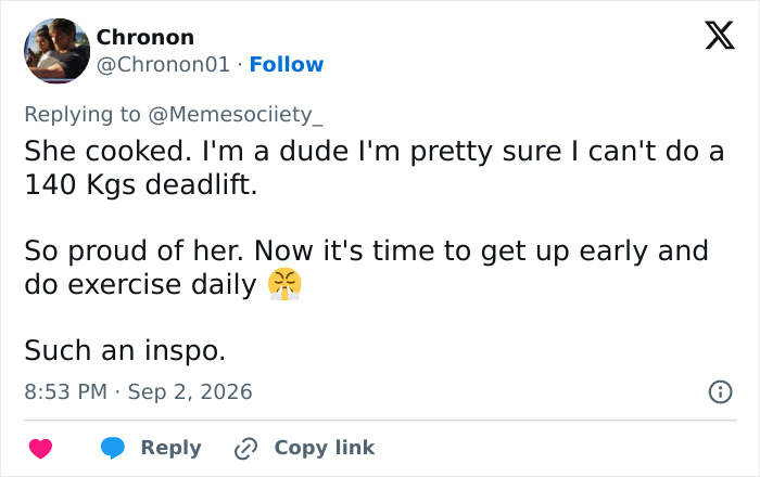 A tweet from Chronon01 expresses pride in the female weightlifting medalist and her impressive deadlift. A tweet from Chronon01 expresses pride in the female weightlifting medalist and her impressive deadlift.