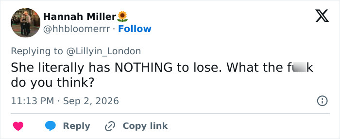Twitter user Hannah Miller comments on the odd sticker on Lindsay Clancy's wheelchair, showing anger at her attitude. Twitter user Hannah Miller comments on the odd sticker on Lindsay Clancy's wheelchair, showing anger at her attitude.