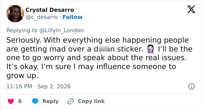 Tweet by Crystal Desarro about the Lindsay Clancy wheelchair sticker, focusing on real issues instead of a sticker. Tweet by Crystal Desarro about the Lindsay Clancy wheelchair sticker, focusing on real issues instead of a sticker.